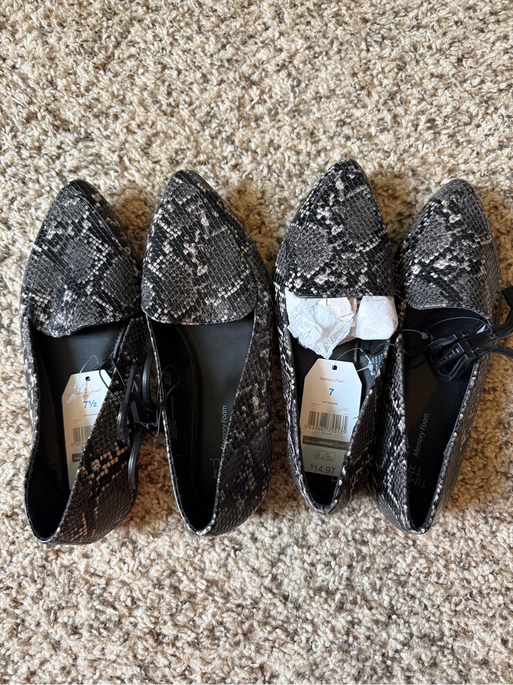 Time and Tru Pointed-Toe Snake Print Flats - Black and Gray
